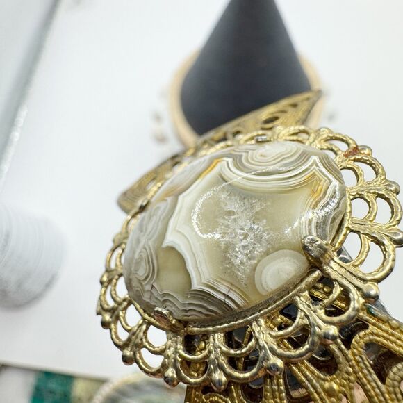 Filigree Bow Cuff Bracelet With Agate Geode Cabachon Center Bohemian Boho - Picture 3 of 10